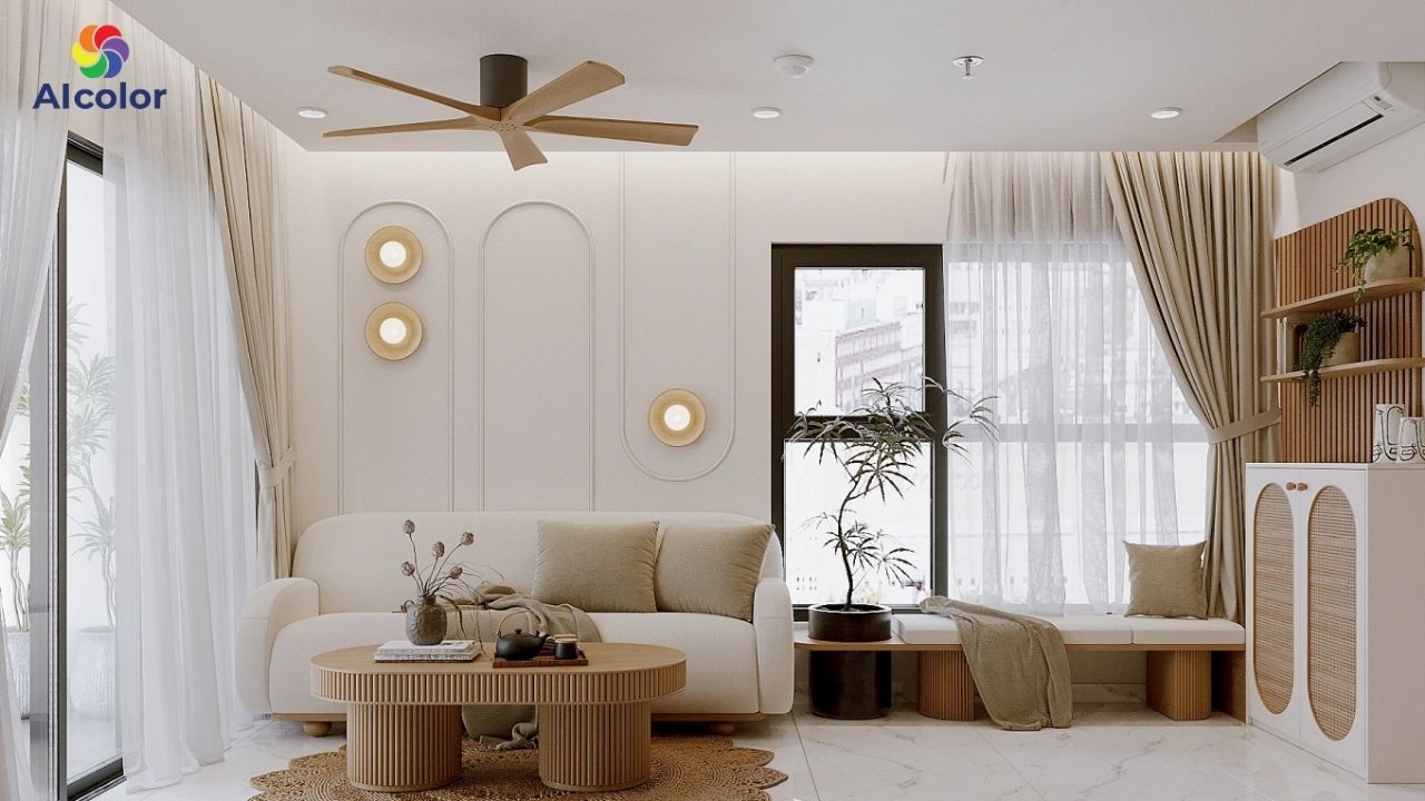 Trần nh&agrave; m&agrave;u trắng sứ tạo cảm gi&aacute;c trần cao v&agrave; tho&aacute;ng