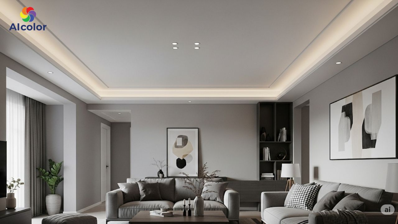 Trần nh&agrave; m&agrave;u x&aacute;m hợp với phong c&aacute;ch hiện đại, tối giản