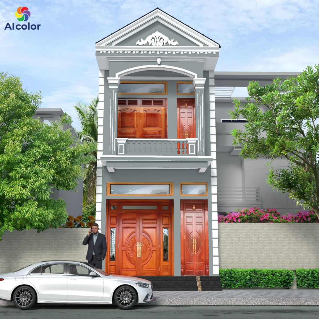 Phối m&agrave;u sơn mặt tiền nh&agrave; ống 2 tầng trắng - x&aacute;m kh&ocirc;ng sợ lỗi mốt