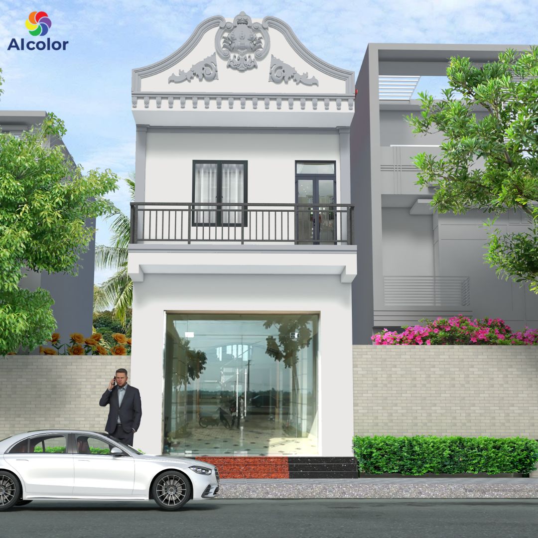 Nh&agrave; ống 2 tầng với phong c&aacute;ch hiện đại hợp với m&agrave;u sơn mặt tiền m&agrave;u x&aacute;m ghi