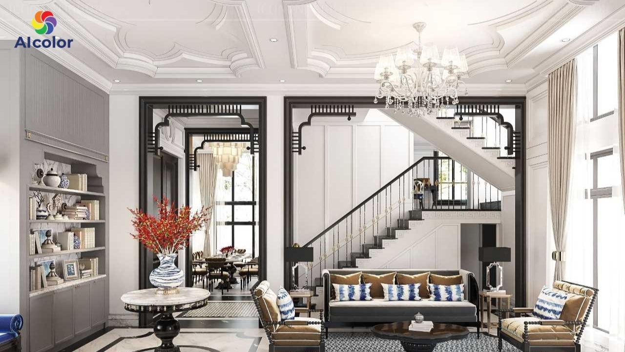 Ph&agrave;o chỉ trần ph&ograve;ng kh&aacute;ch m&agrave;u trắng