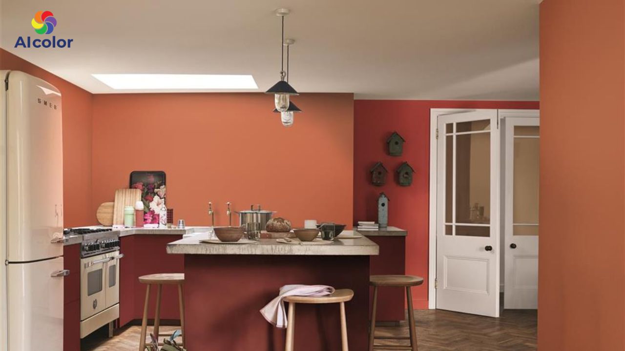 Tường m&agrave;u cam đất hợp với trần nh&agrave; m&agrave;u trắng