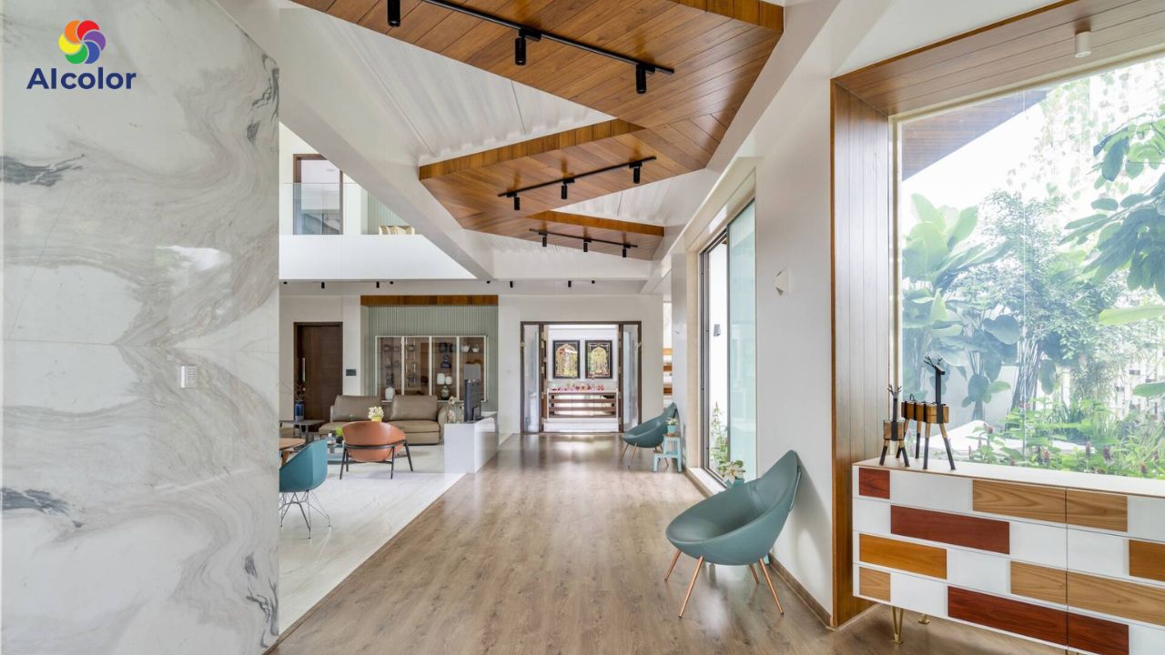 T&ocirc;ng m&agrave;u gỗ ấm khi kết hợp với sơn tường v&agrave; trần tạo n&ecirc;n vẻ đẹp sang trọng