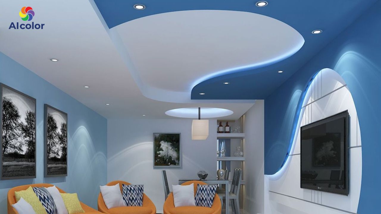 Tường t&ocirc;ng xanh đậm n&ecirc;n chọn trần nh&agrave; m&agrave;u trắng hoặc kem