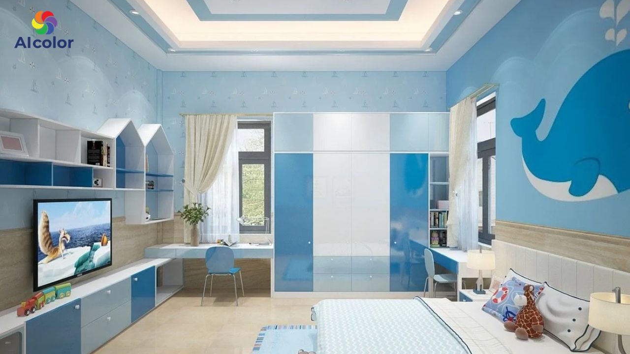 Với ph&ograve;ng trẻ em n&ecirc;n phối m&agrave;u tường v&agrave; trần nh&agrave; thật sinh động