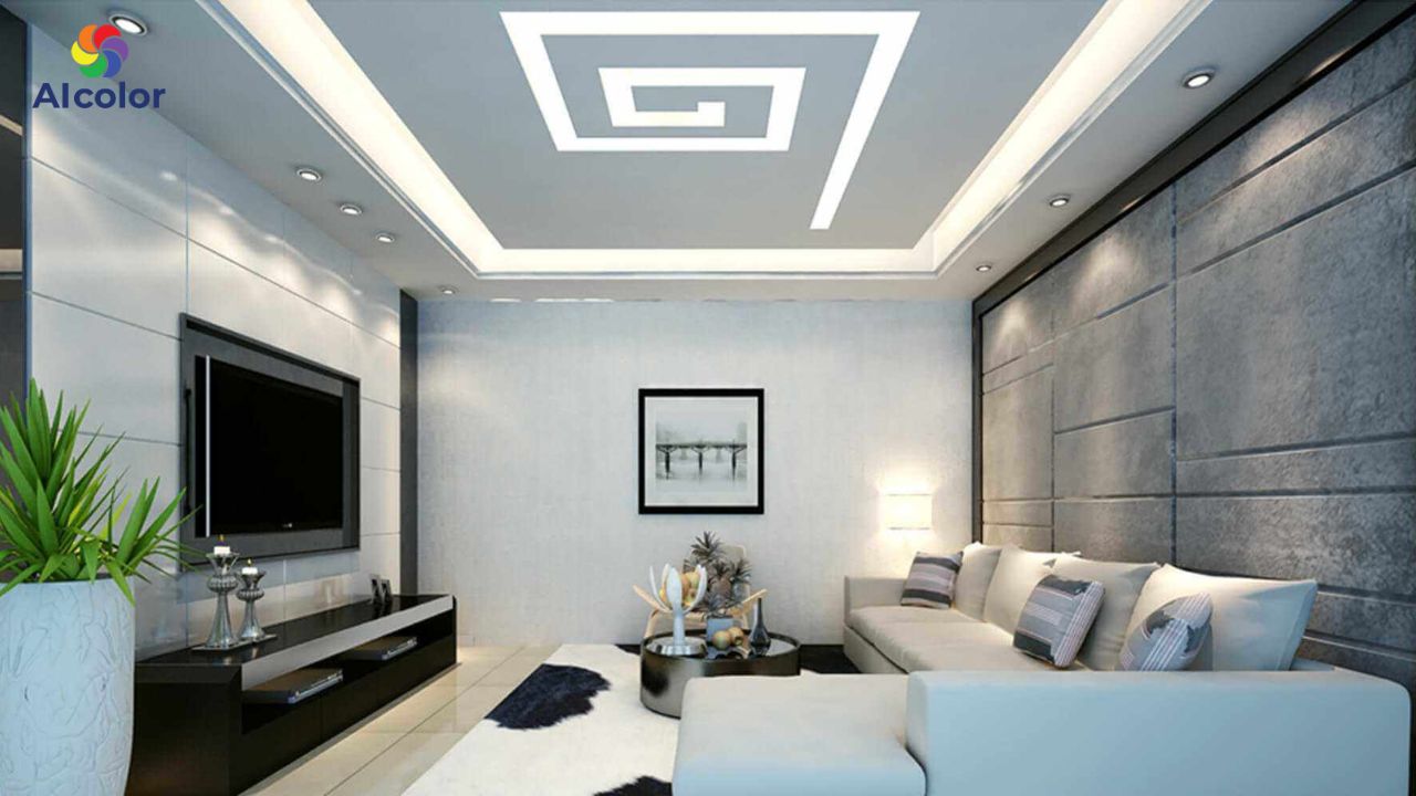 Trần nh&agrave; trắng v&agrave; tường x&aacute;m khiến kh&ocirc;ng gian trở n&ecirc;n đẳng cấp