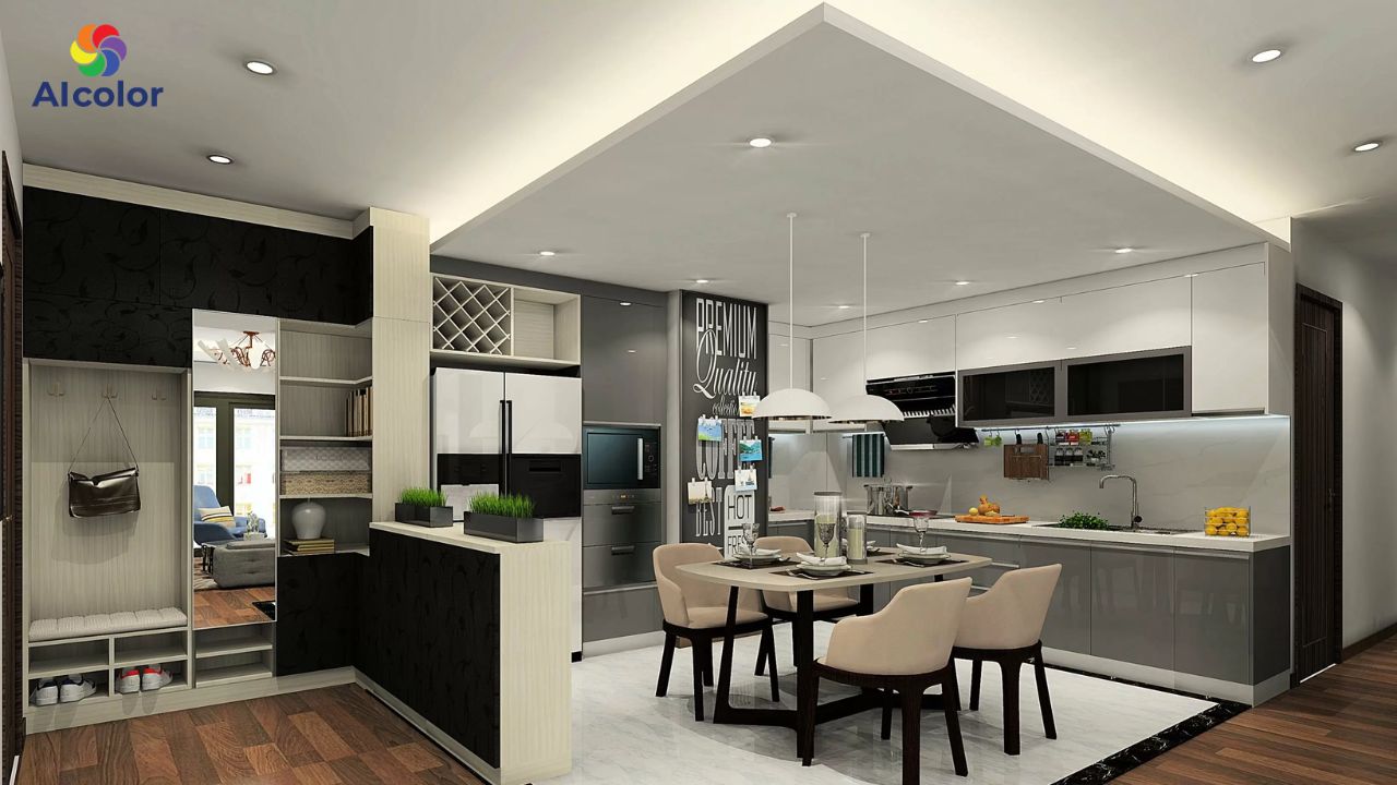 Kh&ocirc;ng gian bếp v&agrave; ph&ograve;ng ăn n&ecirc;n chọn tường m&agrave;u trung t&iacute;nh kết hợp trần m&agrave;u trắng