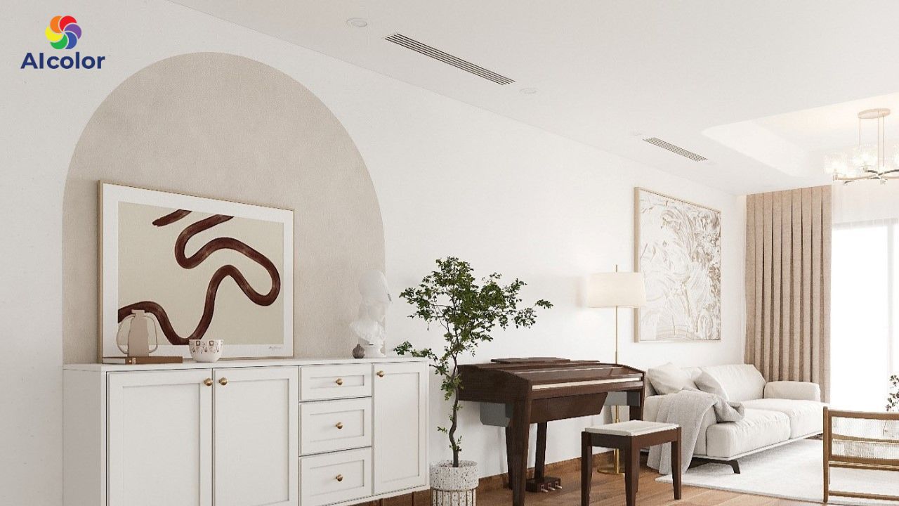 Tường v&agrave; trần ph&ograve;ng kh&aacute;ch n&ecirc;n ưu ti&ecirc;n sự sang trọng v&agrave; tinh tế