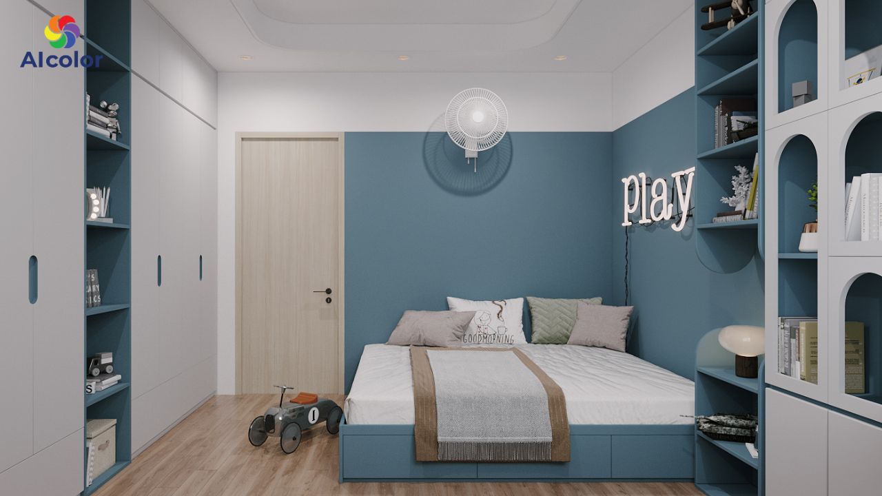 Sử dụng x&aacute;m ghi cho c&aacute;c mảng tường lớn c&ograve;n xanh để nhấn v&agrave;o c&aacute;c chi tiết trang tr&iacute;