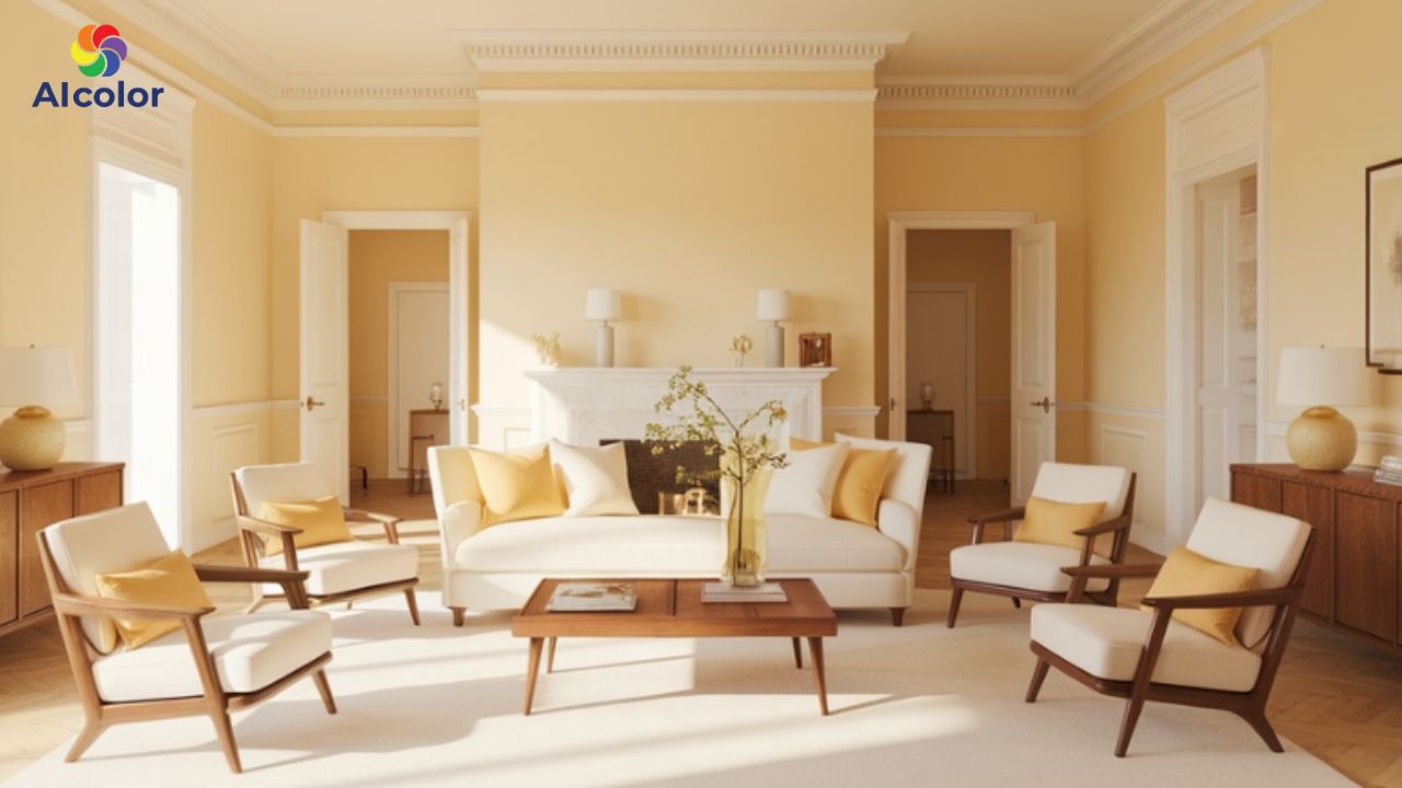 Cặp m&agrave;u sơn v&agrave;ng kem - n&acirc;u nhạt ph&ugrave; hợp với ph&ograve;ng kh&aacute;ch, ph&ograve;ng ăn