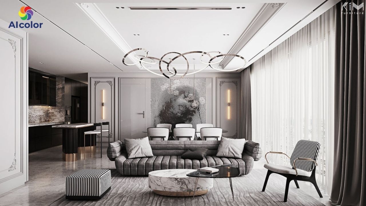 Ph&ograve;ng kh&aacute;ch m&agrave;u x&aacute;m ghi mang lại cảm gi&aacute;c hiện đại nhưng vẫn rất tinh tế