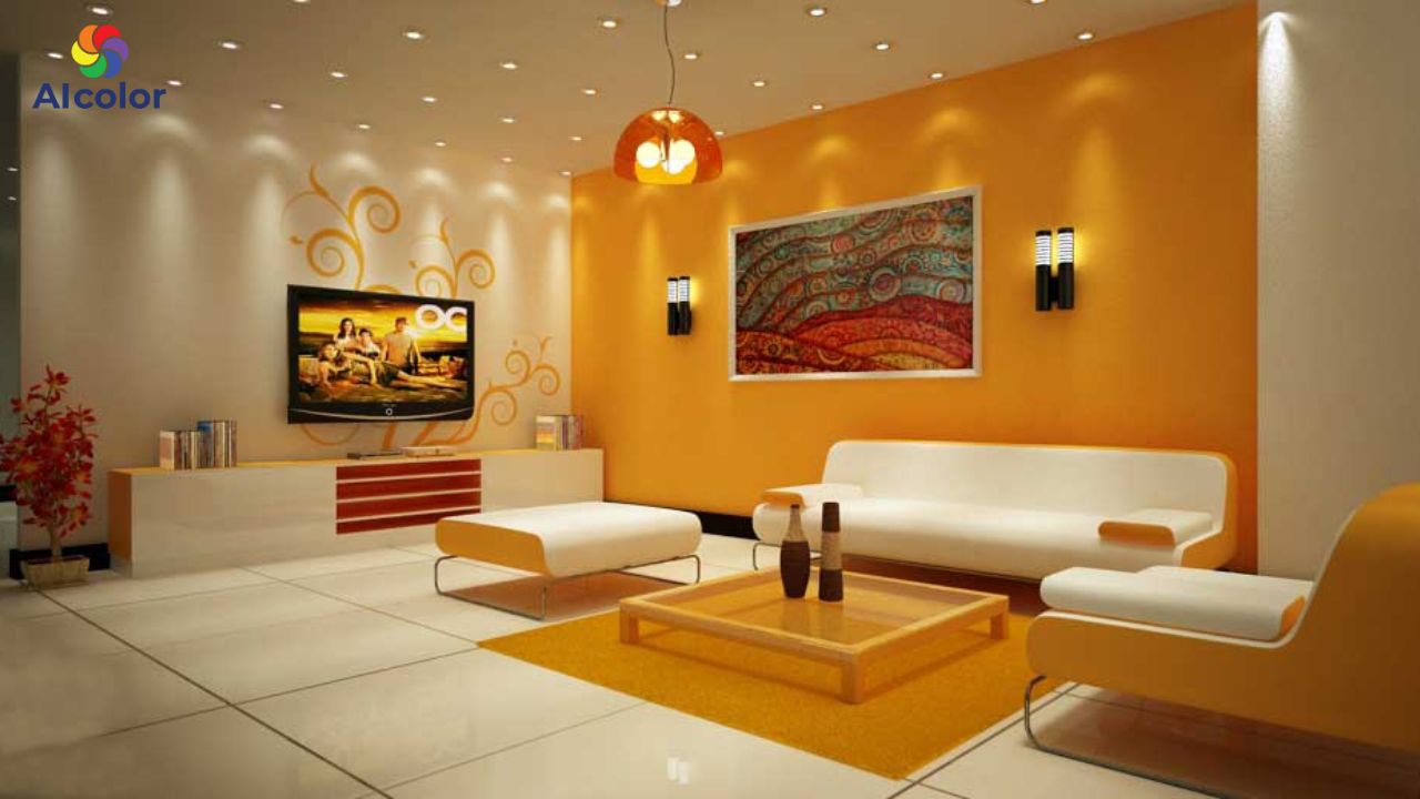 Ph&ograve;ng kh&aacute;ch m&agrave;u cam ấm &aacute;p ph&ugrave; hợp với gia chủ mệnh Hỏa