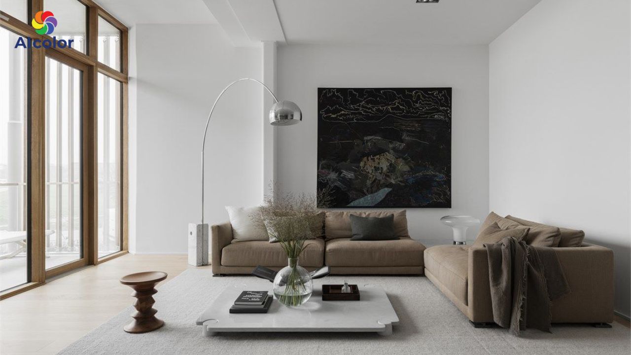 Phối m&agrave;u sơn ph&ograve;ng kh&aacute;ch theo phong c&aacute;ch minimalist nhẹ nh&agrave;ng, tinh tế