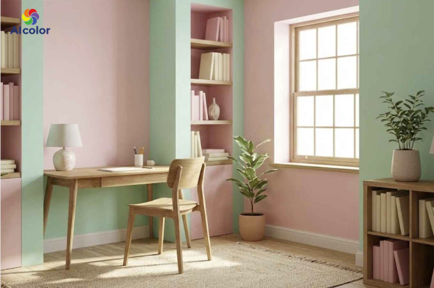 Sự kết hợp giữa xanh nhạt v&agrave; hồng phấn tạo n&ecirc;n kh&ocirc;ng gian trẻ trung, hiện đại