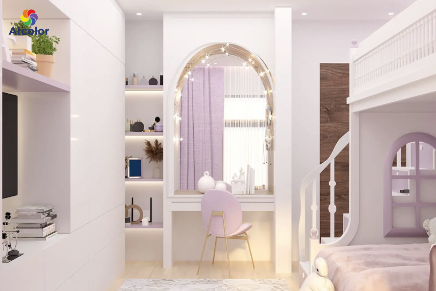 T&iacute;m nhạt mang lại vẻ đẹp dịu d&agrave;ng, l&atilde;ng mạn, rất hợp với ph&ograve;ng ngủ