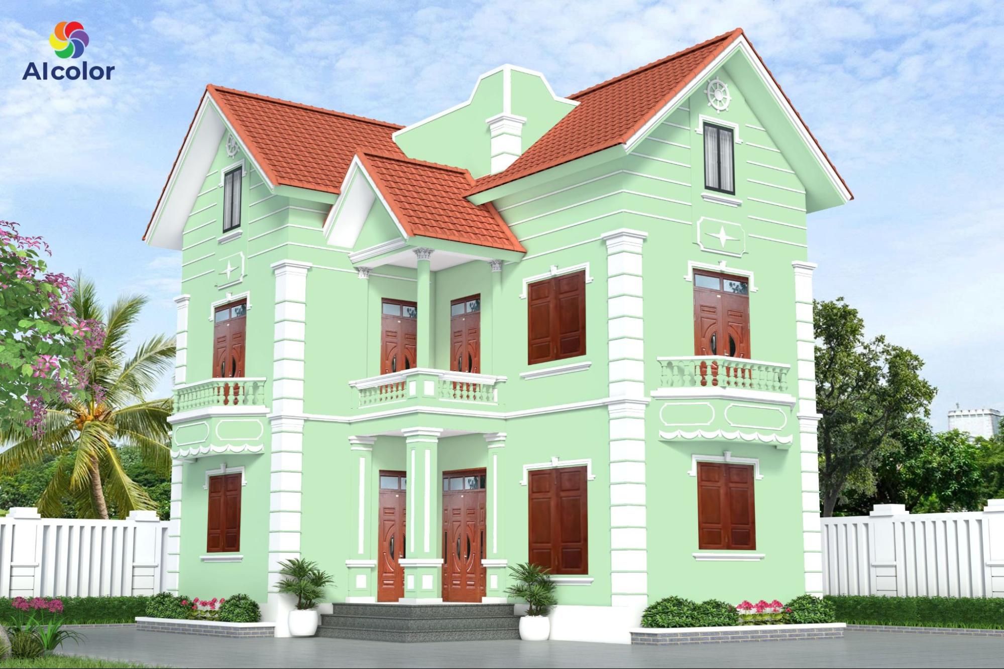 Xanh l&agrave; v&agrave; trắng sứ rất ph&ugrave; hợp với nh&agrave; 2 tầng c&oacute; s&acirc;n vườn