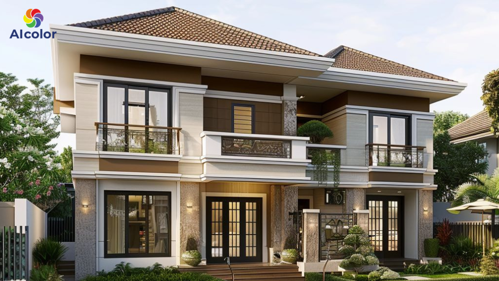 Sơn tường ngo&agrave;i trời m&agrave;u v&agrave;ng kem v&agrave; n&acirc;u rất hợp với nh&agrave; biệt thự