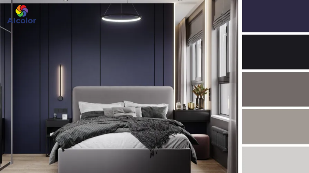 Phối m&agrave;u phong c&aacute;ch hiện đại theo t&ocirc;ng m&agrave;u x&aacute;m - trắng - xanh đậm