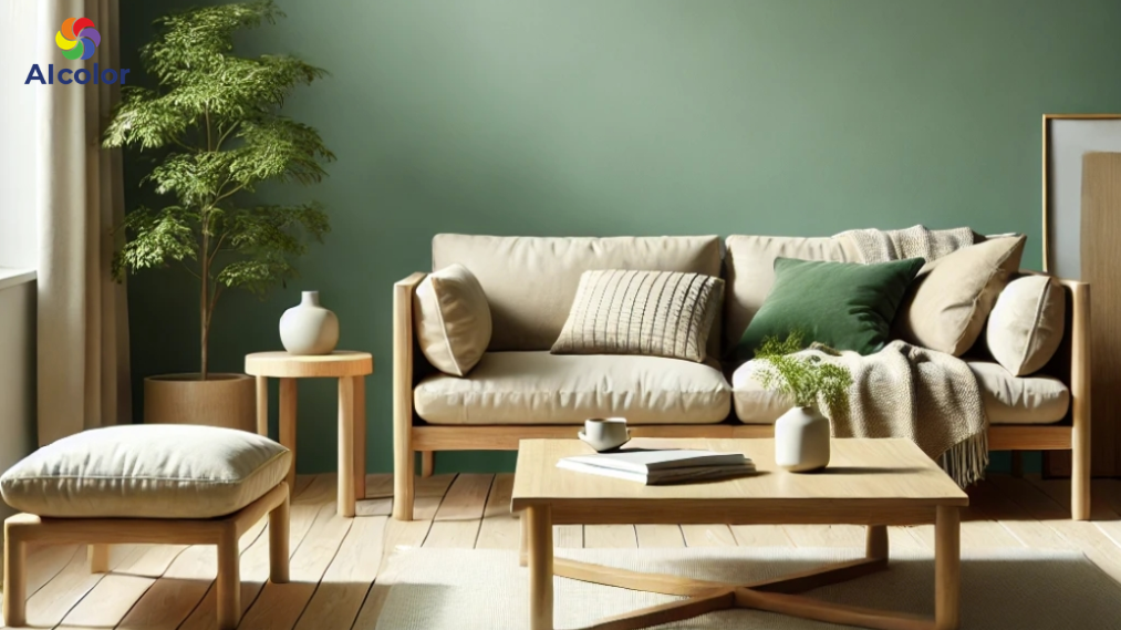 Ph&ograve;ng kh&aacute;ch m&agrave;u xanh l&aacute; c&ugrave;ng nội thất gỗ