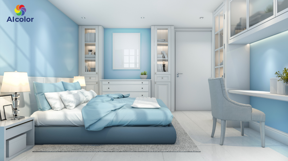 Ph&ograve;ng ngủ sử dụng m&agrave;u xanh dương nhạt, tạo cảm gi&aacute;c y&ecirc;n b&igrave;nh