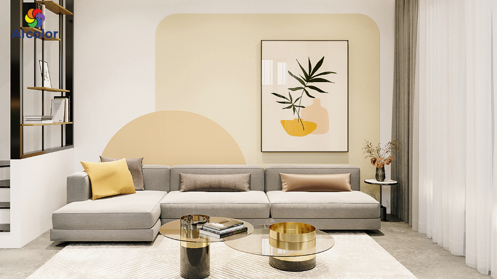 Ph&ograve;ng kh&aacute;ch phong c&aacute;ch hiện đại m&agrave;u be v&agrave; kem