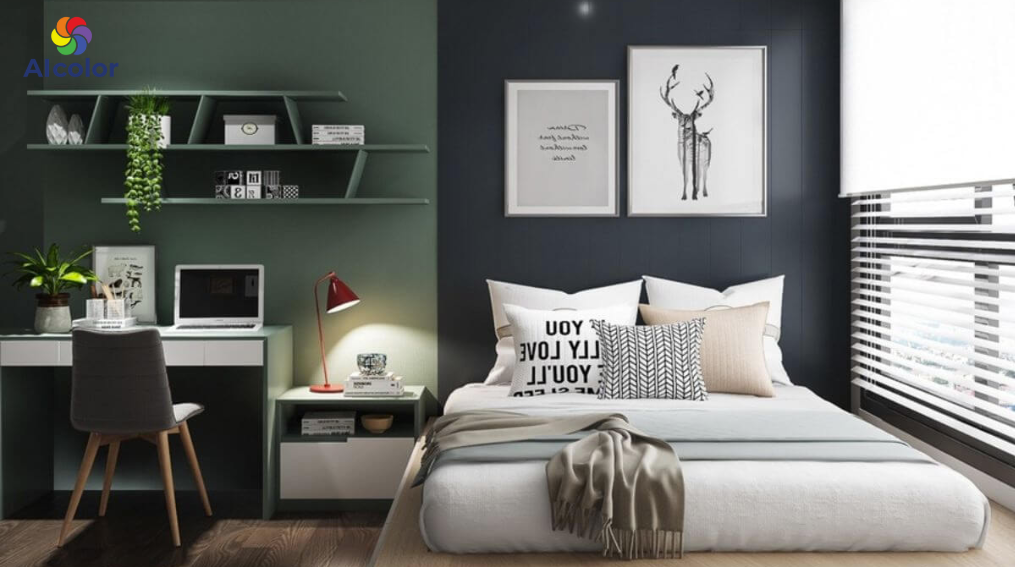 Ph&ograve;ng ngủ m&agrave;u xanh r&ecirc;u cần kết hợp kh&eacute;o l&eacute;o với &aacute;nh s&aacute;ng v&agrave; nội thất s&aacute;ng m&agrave;u