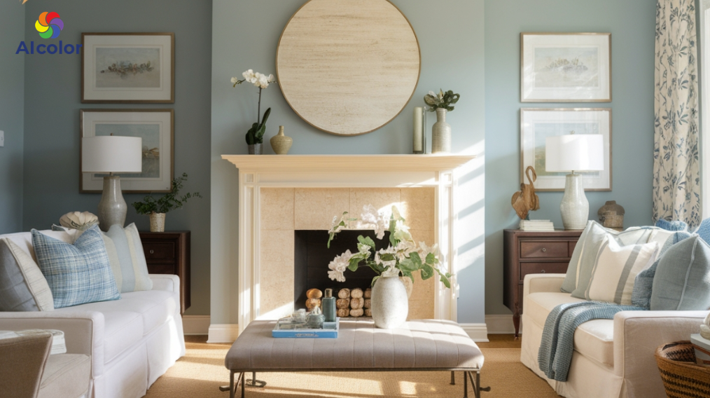 Ph&ograve;ng kh&aacute;ch m&agrave;u xanh dương v&agrave; kem