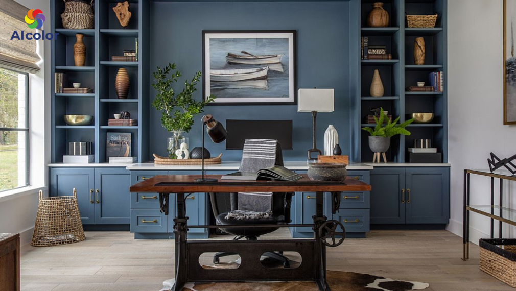 Ph&ograve;ng l&agrave;m việc với t&ocirc;ng m&agrave;u chủ đạo l&agrave; xanh đen