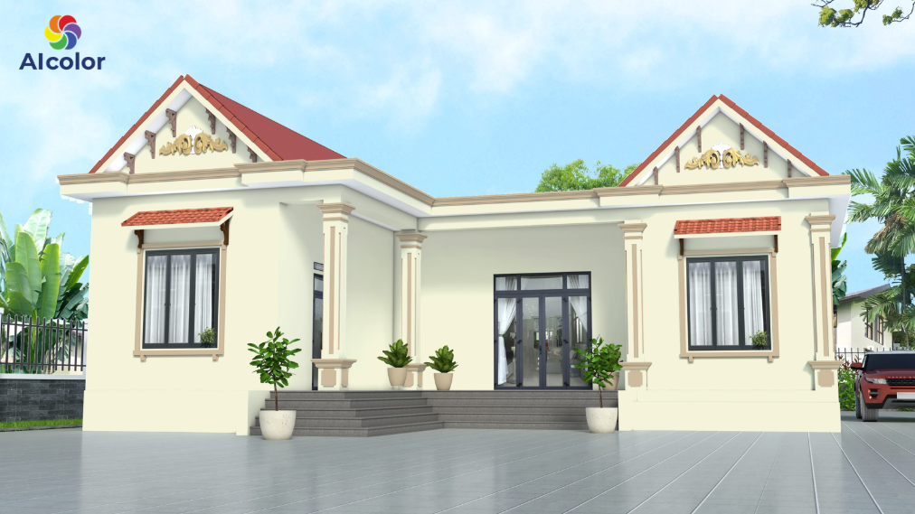 Sơn ngoại thất m&agrave;u trắng kem kết hợp n&acirc;u nhạt