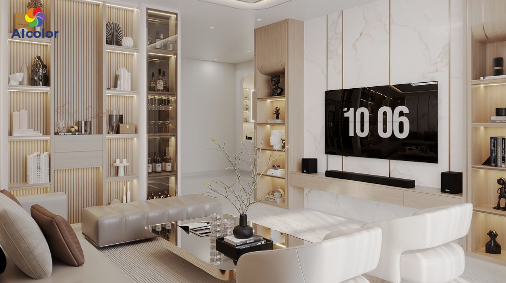 Trắng, be v&agrave; gỗ s&aacute;ng tạo n&ecirc;n kh&ocirc;ng gian ấm &aacute;p, ph&ugrave; hợp với ph&ograve;ng kh&aacute;ch v&agrave; ph&ograve;ng ngủ