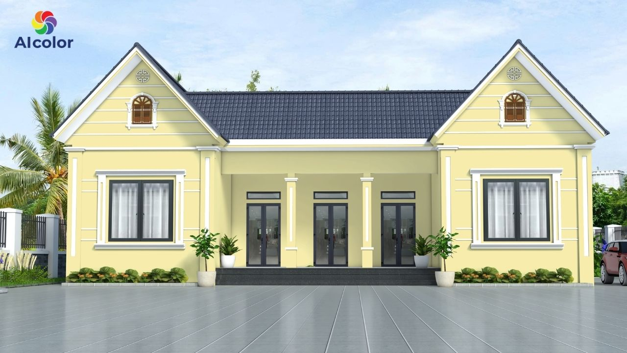 Nh&agrave; tone v&agrave;ng với m&aacute;i m&agrave;u xanh đậm