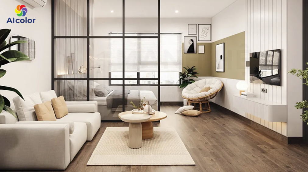 Ph&ograve;ng kh&aacute;ch m&agrave;u trắng kết hợp v&agrave;ng kem ấm &aacute;p