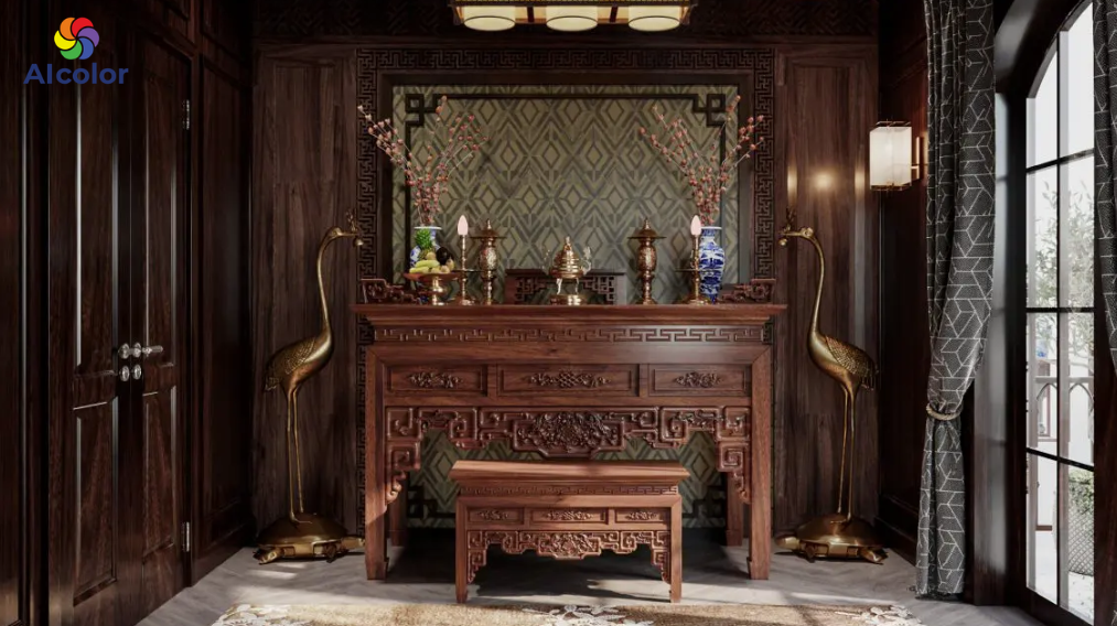 Ph&ograve;ng thờ m&agrave;u n&acirc;u hợp với người mệnh Mộc