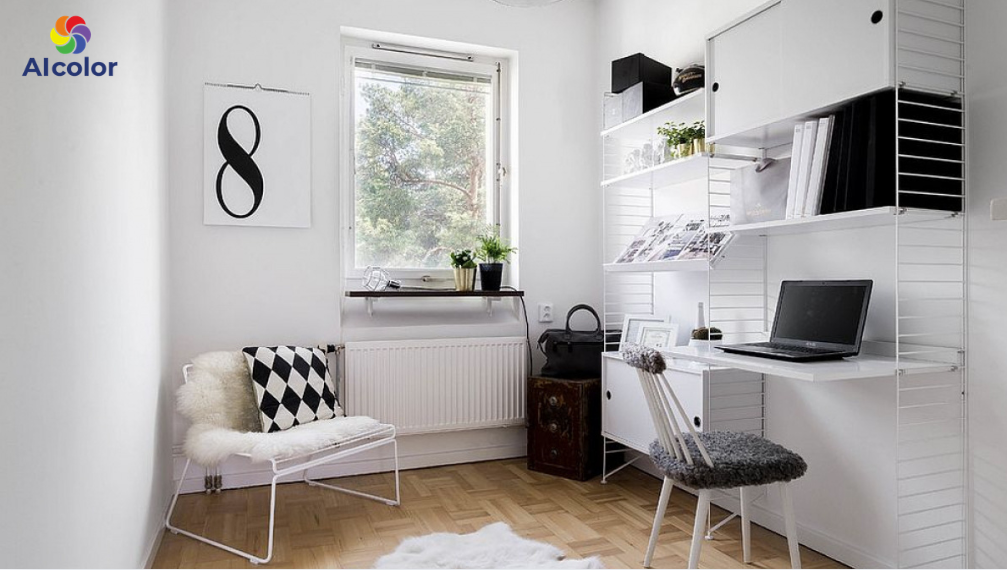 Ph&ograve;ng l&agrave;m việc với m&agrave;u chủ đạo l&agrave; x&aacute;m - trắng - đen