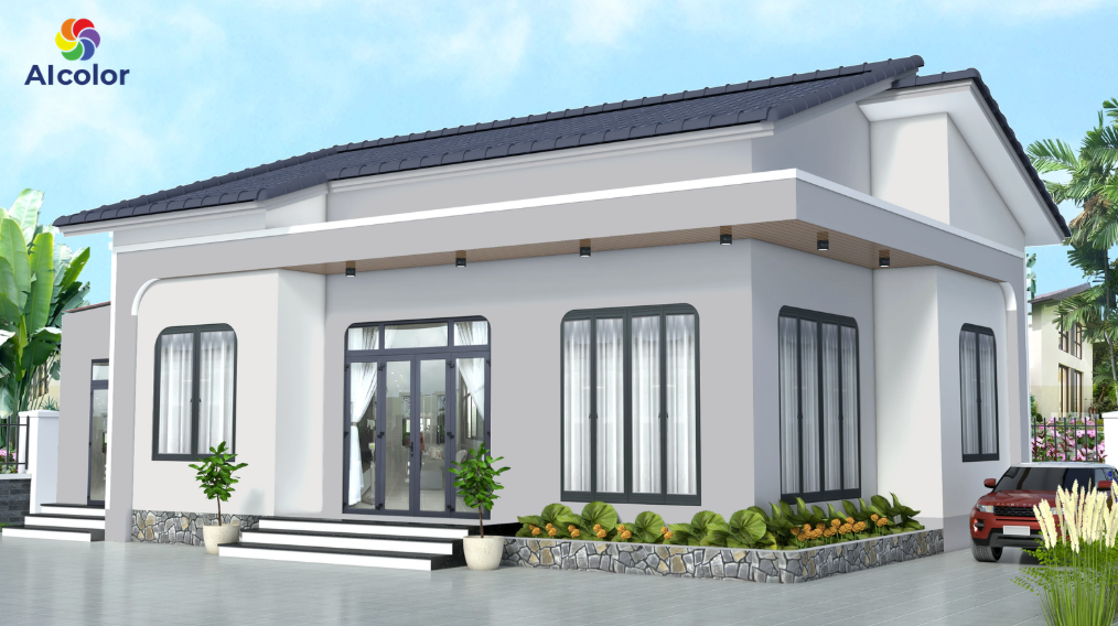 Nh&agrave; cấp 4 với t&ocirc;ng m&agrave;u x&aacute;m chủ đạo, nhấn bằng c&aacute;c chi tiết trắng - đen