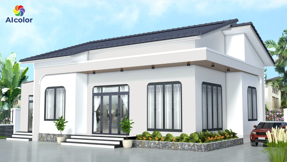 Nh&agrave; cấp 4 hiện đại m&agrave;u x&aacute;m kh&oacute;i nhạt kết hợp trang tr&iacute; m&agrave;u đen