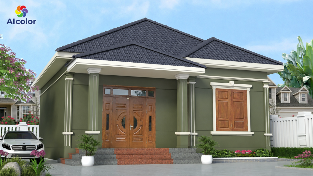 Nh&agrave; m&agrave;u xanh r&ecirc;u kết hợp với c&aacute;c chi tiết trang tr&iacute; gỗ m&agrave;u r&ecirc;u