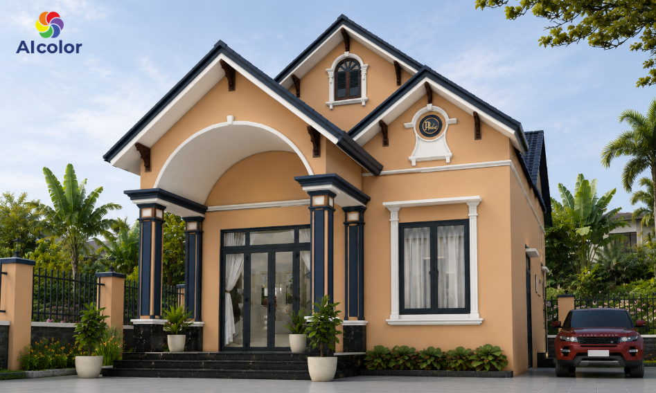 Mẫu sơn nh&agrave; m&agrave;u cam kết hợp với m&agrave;u sắc tone đậm