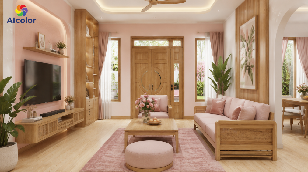 Phối m&agrave;u hồng v&agrave; nội thất gỗ tự nhi&ecirc;n
