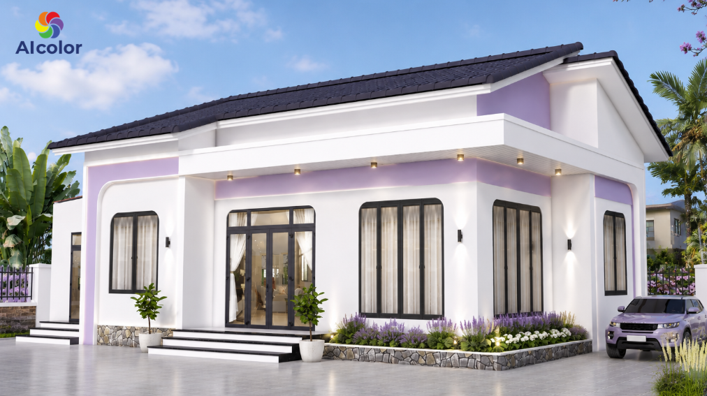 Phối m&agrave;u t&iacute;m trắng với nh&agrave; cấp 4 hiện đại