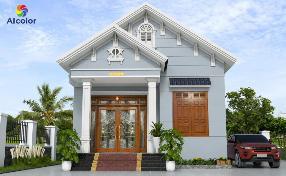 Tường m&agrave;u xanh, cửa bằng gỗ tự nhi&ecirc;n