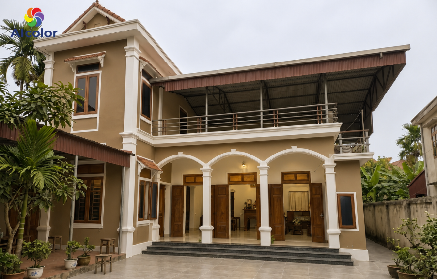 Sơn ngoại thất biệt thự m&agrave;u n&acirc;u đất bề thế, đẳng cấp