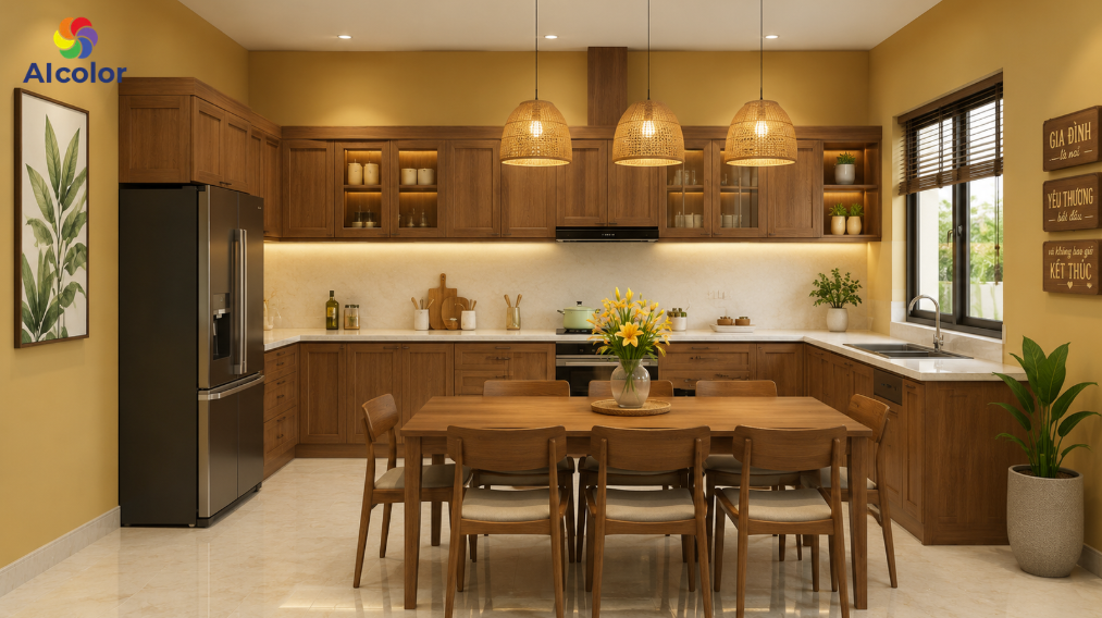 Sơn ph&ograve;ng bếp m&agrave;u n&acirc;u v&agrave;ng sạch sẽ, giữ lửa
