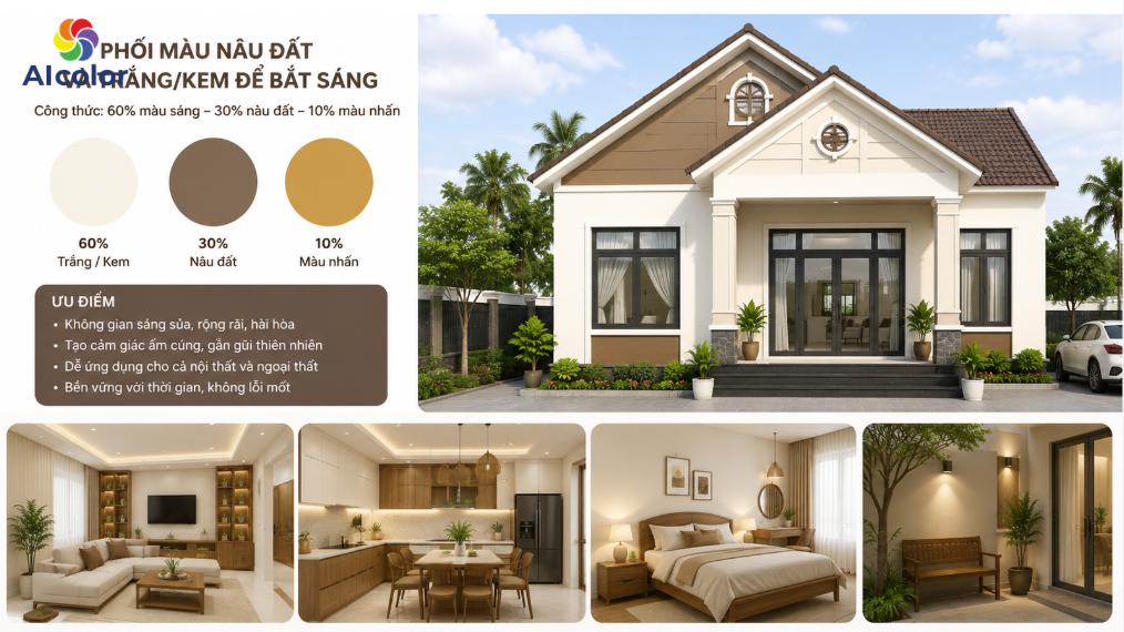C&ocirc;ng thức phối m&agrave;u n&acirc;u đất v&agrave; trắng/kem để bắt s&aacute;ng