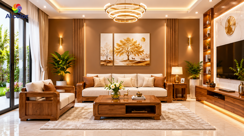 Sơn ph&ograve;ng kh&aacute;ch m&agrave;u n&acirc;u đất sang trọng
