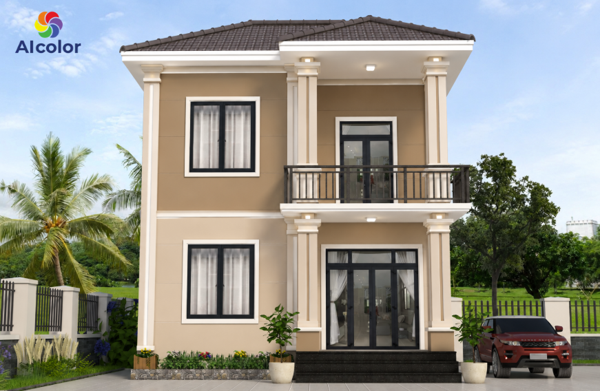 Sơn mặt tiền nh&agrave; phố m&agrave;u n&acirc;u đất hiện đại
