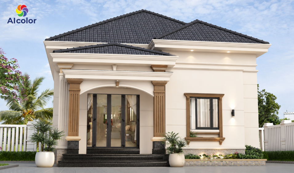 Tường sơn nh&agrave; m&agrave;u trắng sữa phối c&ugrave;ng hệ cột sơn m&agrave;u giả gỗ