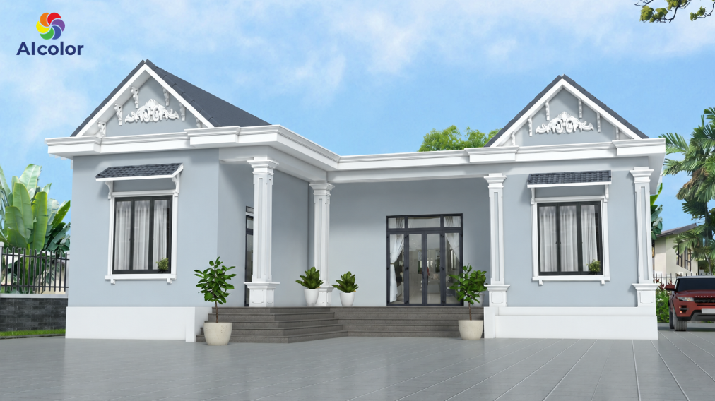 Sơn mặt tiền nh&agrave; m&agrave;u x&aacute;m xanh nhạt dịu nhẹ, thanh lịch