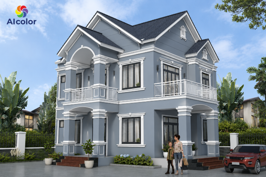 Sơn ngoại thất biệt thự m&agrave;u x&aacute;m xanh bề thế, đẳng cấp