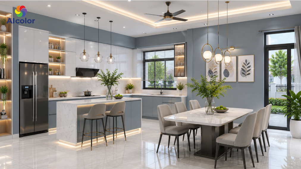 Sơn ph&ograve;ng bếp m&agrave;u x&aacute;m xanh tinh tế, sạch sẽ